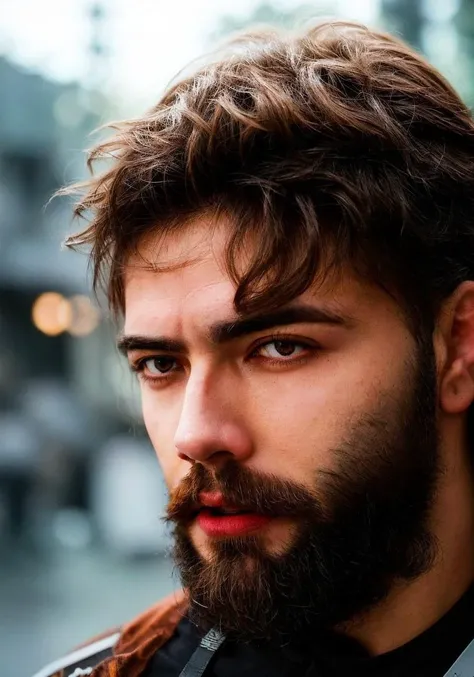 Portrait photo of muscular bearded guy in a worn mech suit, ((light bokeh)), intricate, (steel metal [rust]), elegant, sharp focus, photo by greg rutkowski, soft lighting, vibrant colors, (masterpiece), ((streets)), (detailed face)+