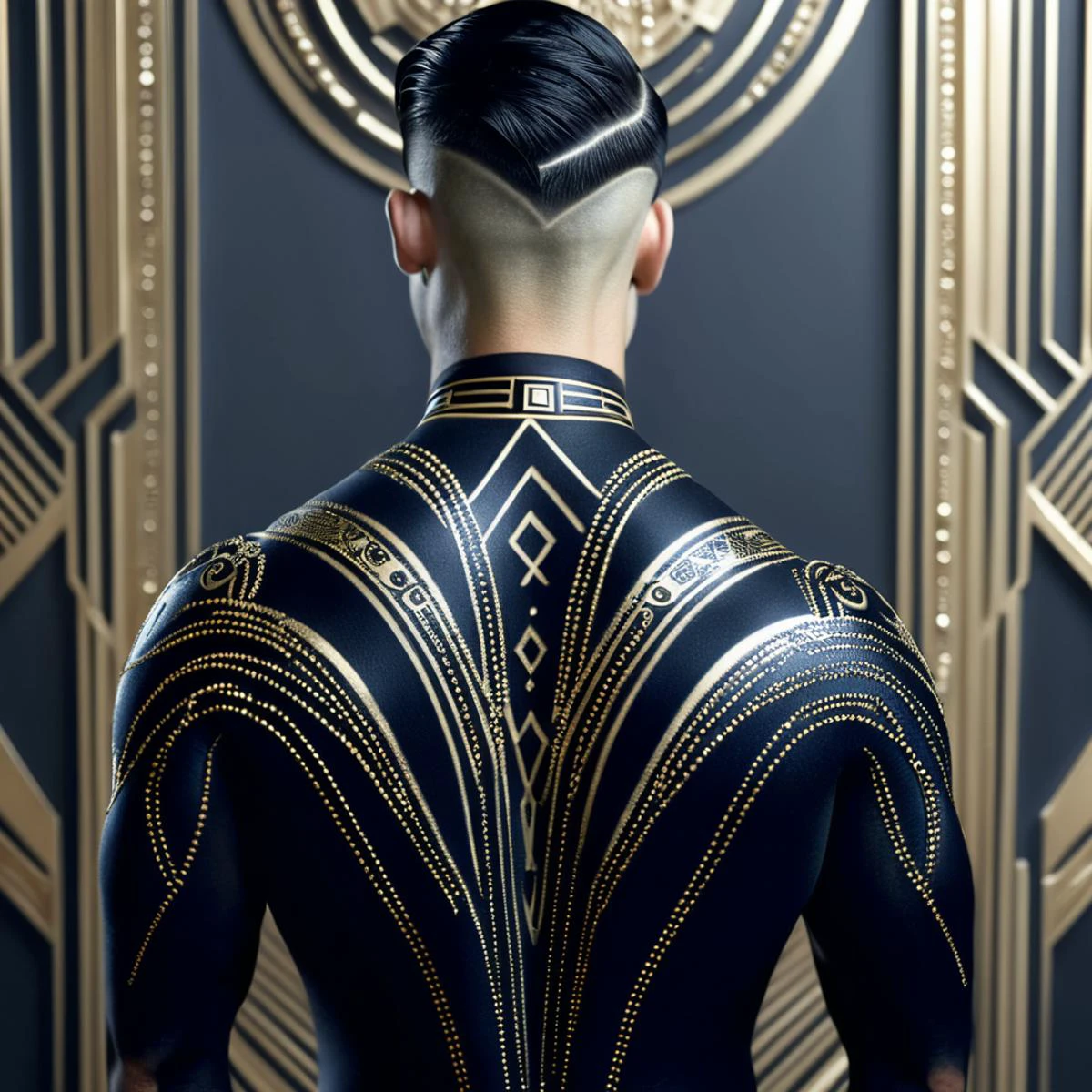 masterpiece,high resolution,
,<lora:art_deco-v4-xl-8:0.8>,
,art deco,artdeco_v4,3d,back,,tattoo,black and gold,male focus,upper body,from behind