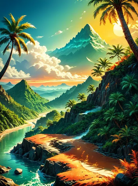 score_9,score_8_up,,score_7_up,,<lora:art_deco_pony:0.8>,
artdecostyle,
, no humans, scenery, outdoors, tree, sky, water, cloud, plant, sunset, rock, day, mountain, sunlight, palm tree, blue sky, nature