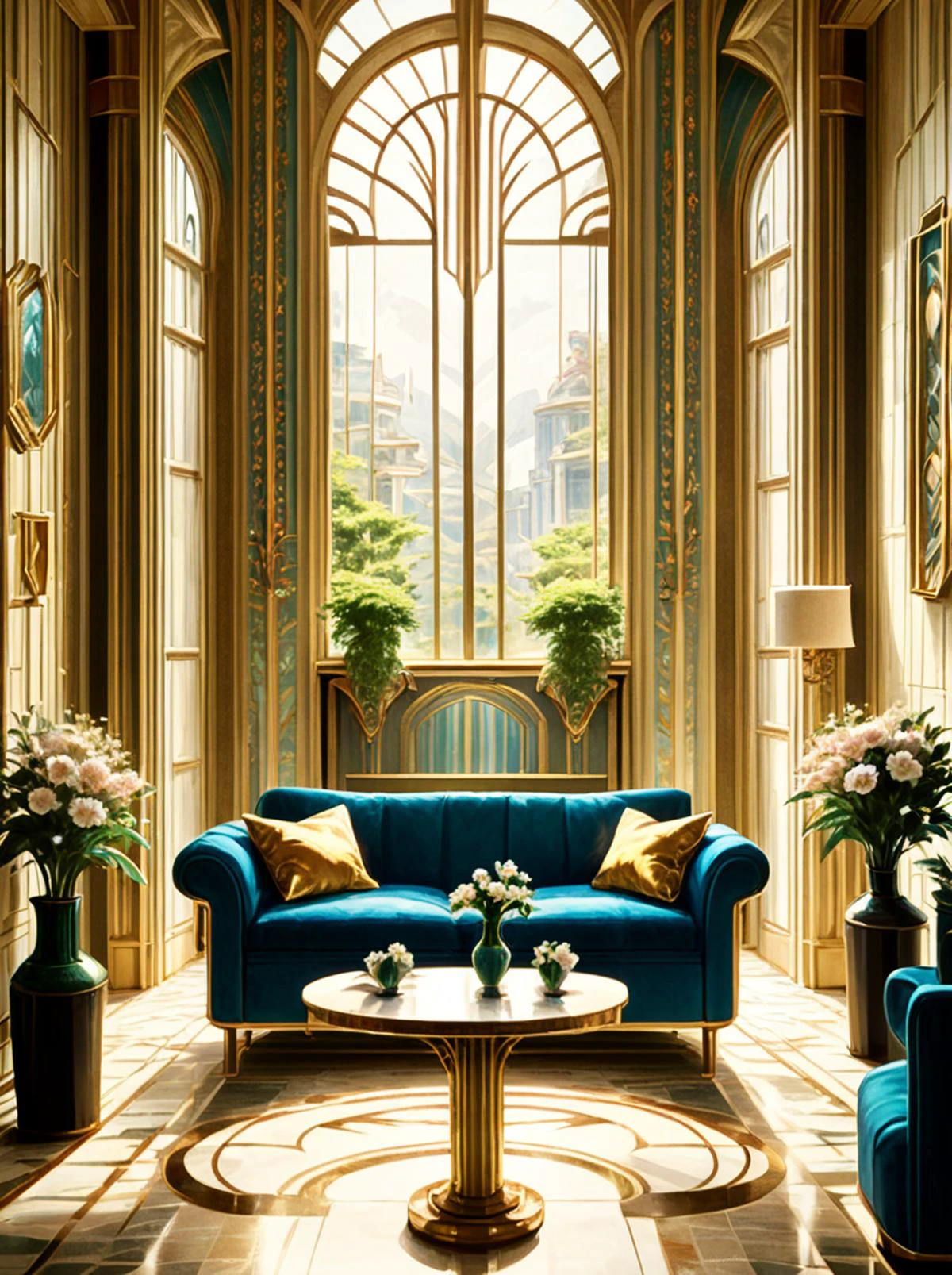 score_9,score_8_up,,score_7_up,,<lora:art_deco_pony:0.8>,
artdecostyle, no humans, scenery, indoors, table, vase, flower, pillar, window, couch