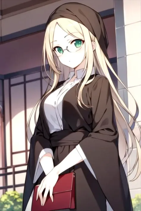 masterpiece, best quality, movie still, 1girl, solo, looking at viewer, , depth of field, , , <lora:nobara_yukinokouji:0.66>, nobara_yukinokouji, blonde hair, green eyes, long hair, glasses, , , islamic golden age, 2k resolution