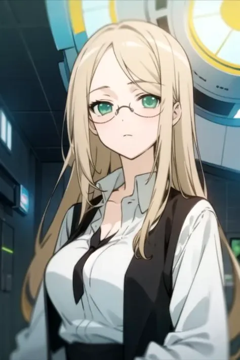 masterpiece, best quality, illustration, 1girl, solo, looking at viewer, upper body, , anime coloring, , <lora:nobara_yukinokouji:0.70>, nobara_yukinokouji, blonde hair, green eyes, long hair, , , sci-fi, 32k resolution