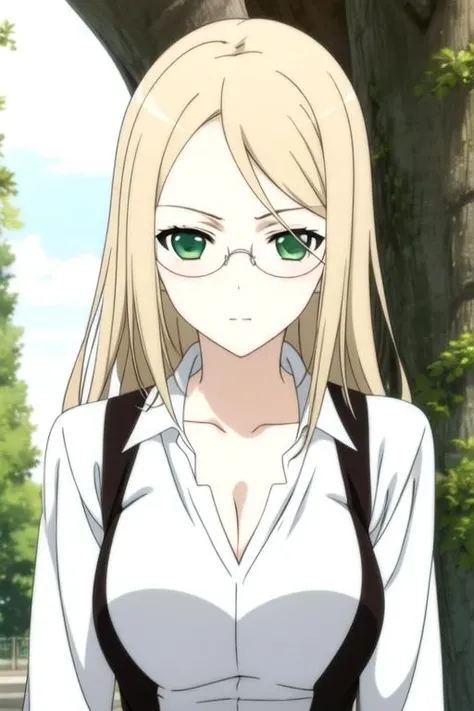 masterpiece, best quality, movie still, 1girl, solo, looking at viewer, upper body, , anime coloring, realistic, <lora:nobara_yukinokouji:0.68>, nobara_yukinokouji, blonde hair, green eyes, long hair,