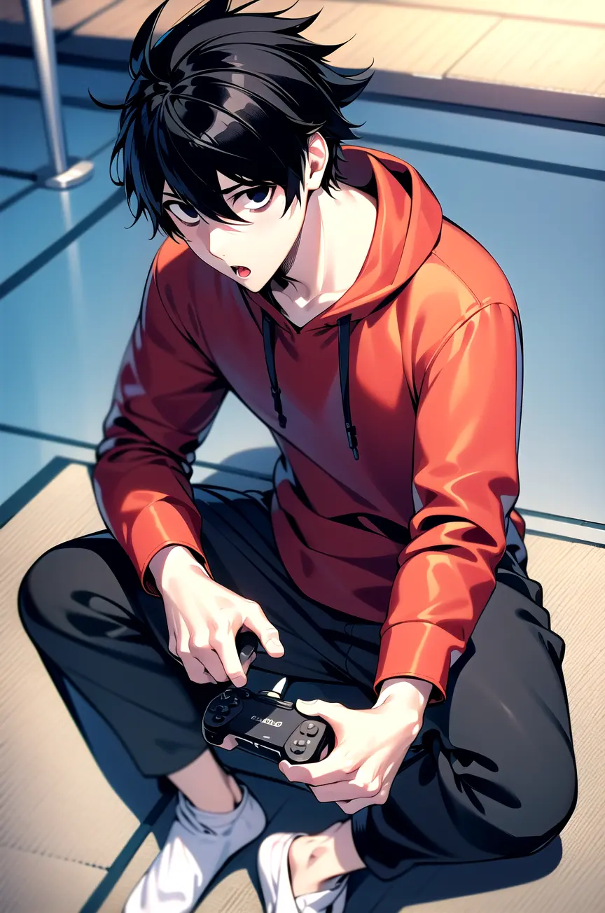 (masterpiece,best quality, detailed), 1boy, male focus, indoors, sitting, from above, headphones, looking away,
l lawliet, otaku, socks, :o, game controller, holding, holding controller, pink hoodie, (track pants:1.3)