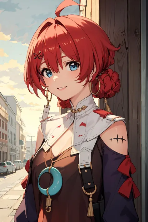 danjin03, 1girl, red hair, blue eyes, gloves, looking at viewer, jewelry,straight-on, earrings, tassel earrings, black gloves, smile, ahoge, outdoor, sky, clothing cutout, parted lips, hair ornament, bangs, hair between eyes, braid, bare shoulders, cleavage cutout, long sleeves, shoulder cutout, dress, short hair, fingerless gloves, red bow, bow, upper body, scar on arm
<lora:danjin03:1>