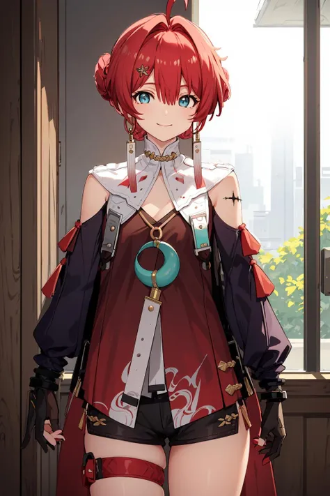 danjin03, 1girl, red hair, indoor, thigh strap, ahoge, looking at viewer, hair bun, gloves, jewelry, rope, smile, clothing cutout, bangs, shorts, black shorts, earrings, blue eyes, hair between eyes, tassel, red nails, hair ornament, breasts, short hair, long sleeves, cowboy shot, closed mouth, bare shoulders, thighs, black gloves, dress, aqua eyes, short shorts, small breasts, jacket, scar on arm
<lora:danjin03:1>