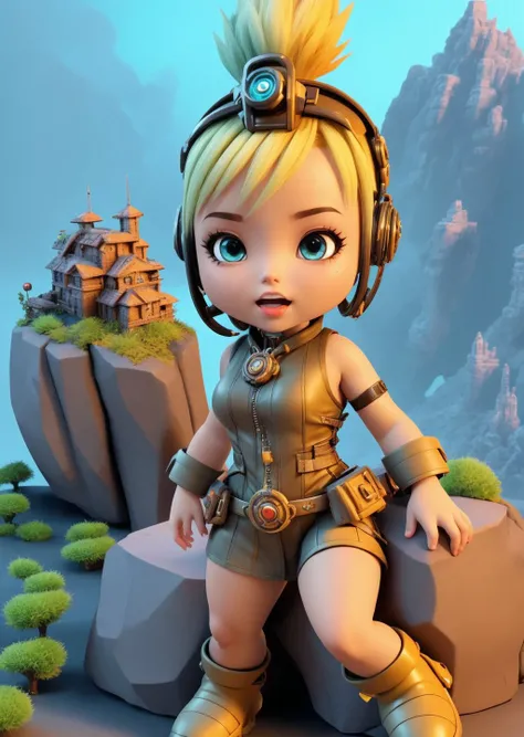 vivid colours, atmospheric. 3D mesh, dieselpunk style, A mountainous location full of jagged rocks and boulders asian girl, Blond head, singing, Intrigue