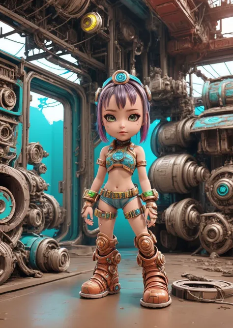 vivid colours, atmospheric. render, magicpunk style, A place with oil stains on the floor with remains of bodywork and screws and a lot of rusty things asian girl, Brunette head, run, Curiosity