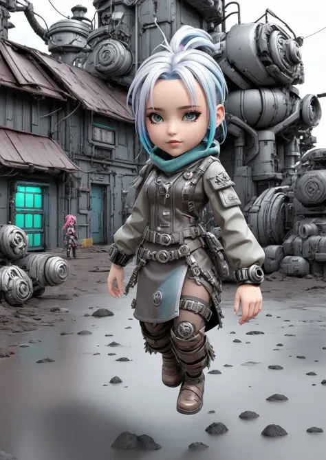 vivid colours, atmospheric. game scene, steampunk style, A very dirty and littered place. nordic girl, Gray-haired head, bounce, Intrigue