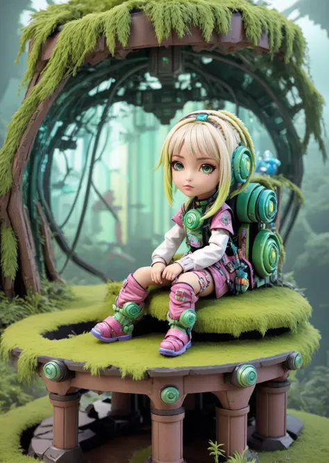 vivid colours, atmospheric. 3D model, solarpunk style, A place taken by nature full of mosses and vegetation eurasian girl, Blond head, is sitting, Nervousness