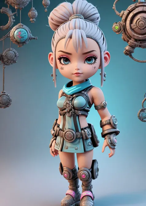 vivid colours, atmospheric. 3D cartoon, clockpunk style, An environment with an oriental look and solid design ornaments nordic girl, Gray-haired head, at least, Joy