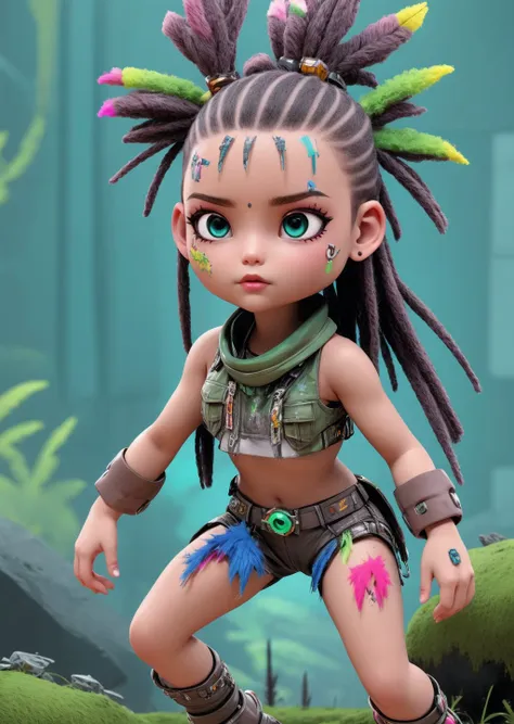 vivid colours, atmospheric. 3D cartoon, splatterpunk style, A place taken by nature full of mosses and vegetation native american girl, Light brown head, dance, Anger