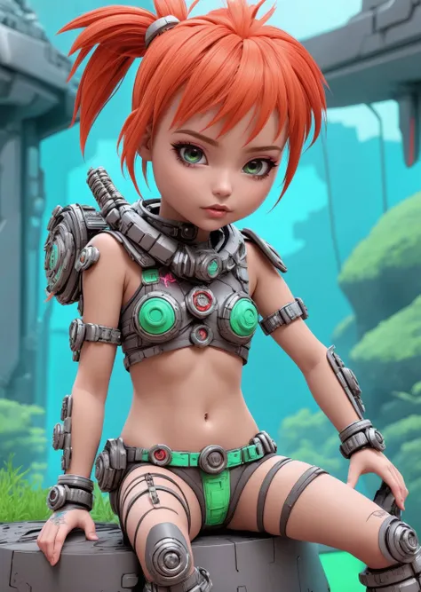vivid colours, atmospheric. 3D mesh, biopunk style, A place forgotten by the world eurasian girl, Ginger head, is sitting, Delight