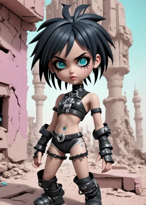 vivid colours, atmospheric. 3D cartoon, gothpunk style, An old place full of cracks, misplaced things and broken pieces middle eastern girl, Brunette head, fights, frowning