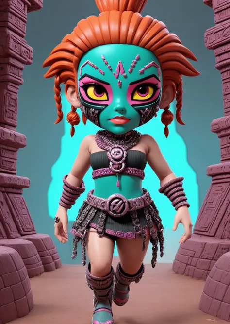 vivid colours, atmospheric. render, gothpunk style, An environment with Aztec tendencies and many sculptures with masks on the wall hispanic girl, Ginger head, run, Pride