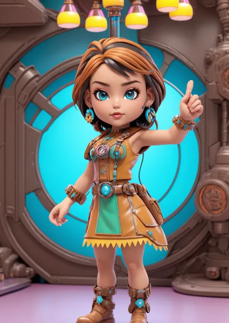 vivid colours, atmospheric. 3D cartoon, dieselpunk style, An environment with glass windows and chandelier lighting native american girl, Brown-haired head, pointing, Satisfaction