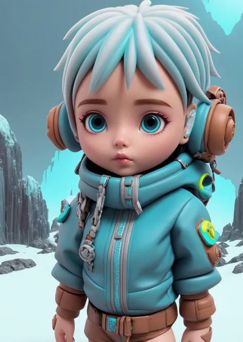 vivid colours, atmospheric. 3D scene, biopunk style, A mountainous location full of icy boulders and snow nordic girl, Light brown head, a fall, Sadness