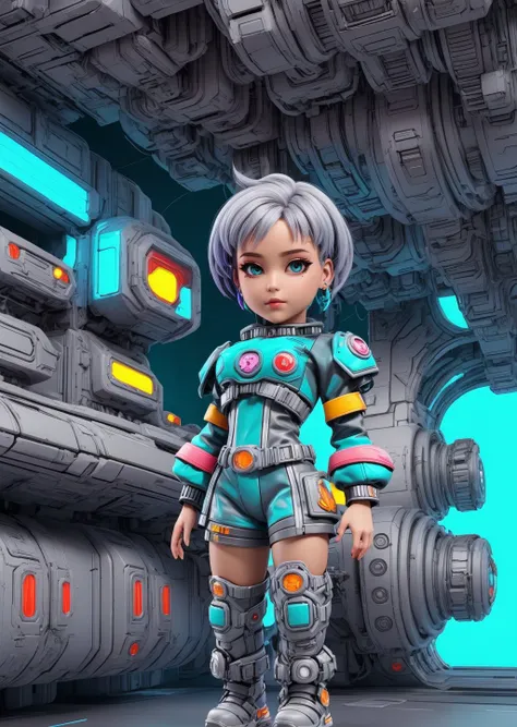 vivid colours, atmospheric. render, atompunk style, A space station with many technological resources and many drawers peurto rican girl, Gray-haired head, speak, Disappointment