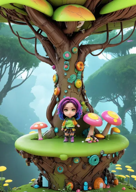 vivid colours, atmospheric. 3D model, slipstream style, A place taken over by mushrooms and tree roots hispanic girl, Light brown head, at least, Pride