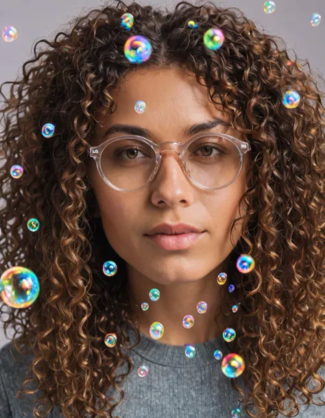 a close up portrait of a person with long curly brown hair and glasses (in a bubble:1.2)