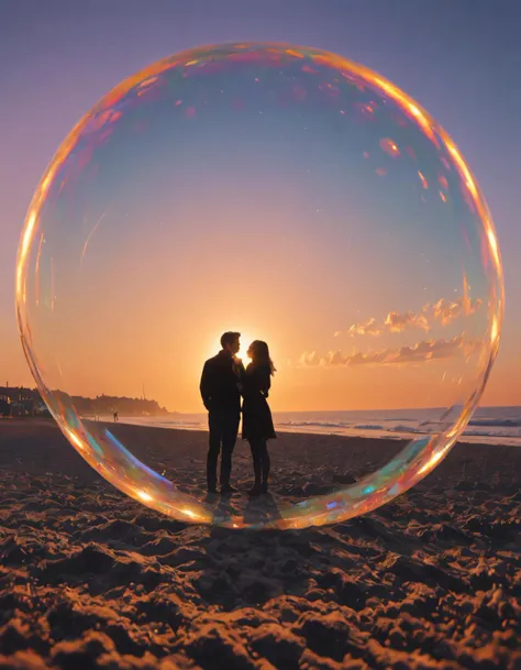 Couple watching sunrise, silhouetted against vibrant sky, beach setting, reminiscent of Ansel Adams' black and white work (in a bubble:1.2)