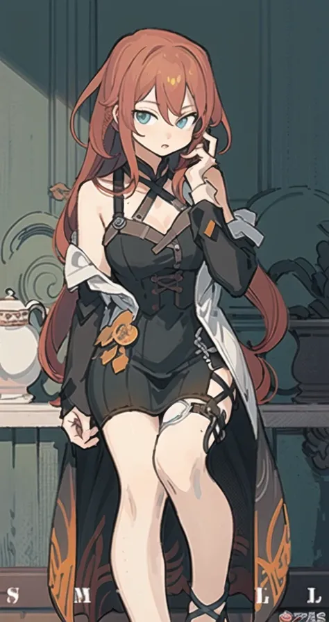 (solo:1.5),(masterpiece:1.5),(best quality:1.5),(bust:1.3),Amazing,beautiful detailed,extremely detailed wallpaper,extremely detailed CG unity 8k wallpaper,extremely delicate and beautiful eyes,masterpiece, best quality, extremely detailed, detailed, art of light novel cover,hair between eyes, 1girl, red hair,black dress,looking at viewer, whole full body,