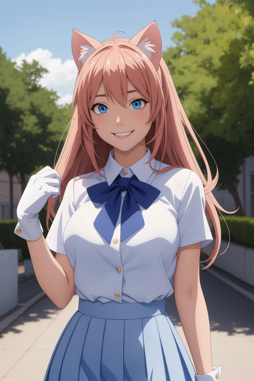 (masterpiece, best quality), anime, anime coloring, 1 beautiful girl, cat ears, smile, slim body, (blue and white school uniform:1.1), (detailed beautiful eyes), paw gloves, outdoors