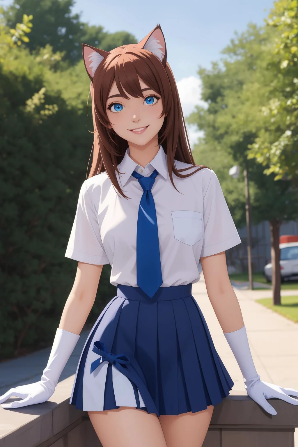 (masterpiece, best quality), anime, anime coloring, 1 beautiful girl, cat ears, smile, slim body, (blue and white school uniform:1.1), (detailed beautiful eyes), paw gloves, outdoors