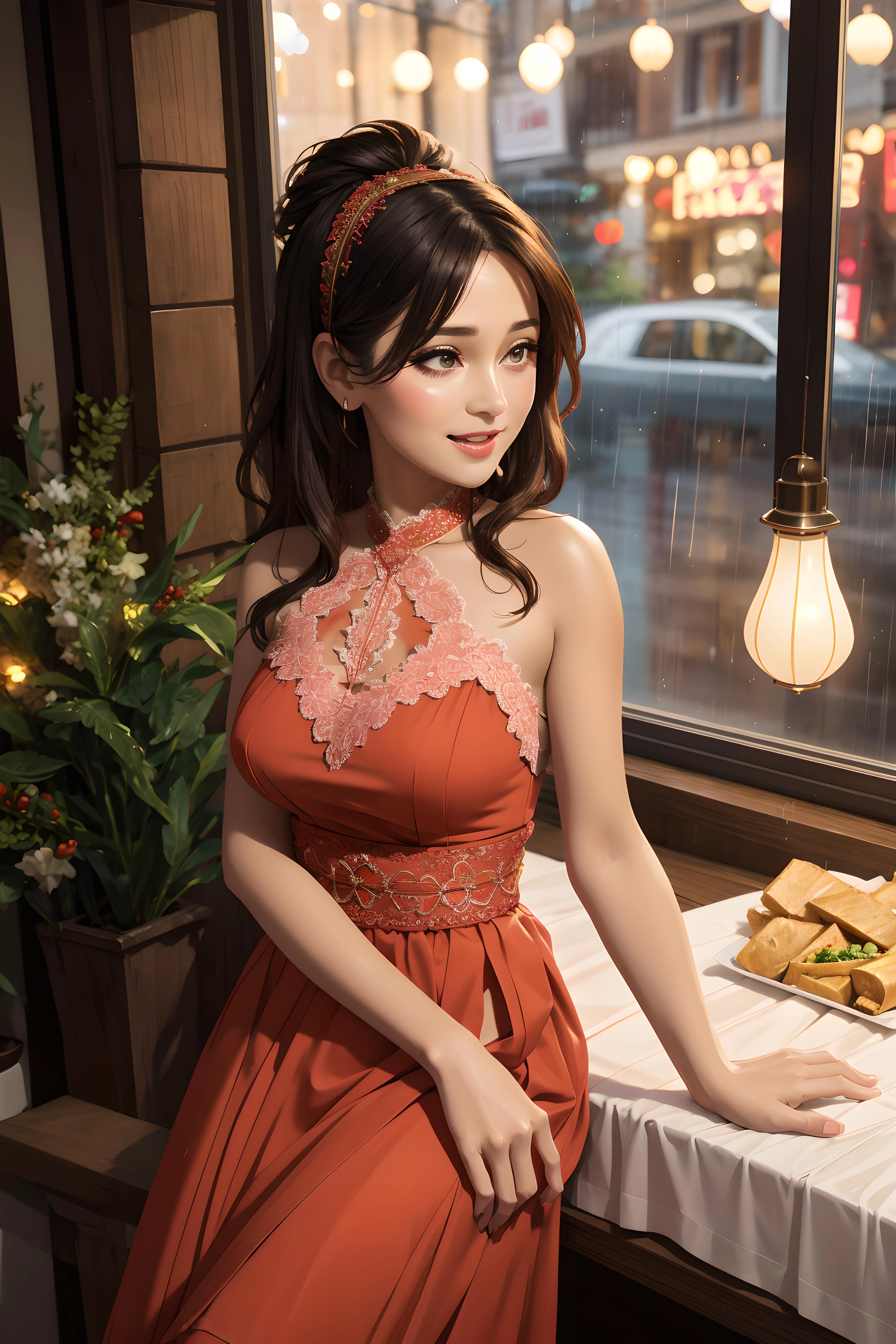 (masterpiece, best quality), female geriatric, lanky, middle easterner, honey eyes, lobed ears, dorsal hump nose, round cheeks, broad forehead, square face shape with angular jaw, festive holiday makeup , coral side-swept bangs hair, affection wearing tiered skirt, lace halter top, , wrapped in a sheet, wrapped in a sheet with a sultry glance, creating an intimate and enticing pose, rainy window lighting, soft, diffused light through raindrops on a window, creating a cozy and intimate mood, a lively street fair, with food stalls, live music, and laughter