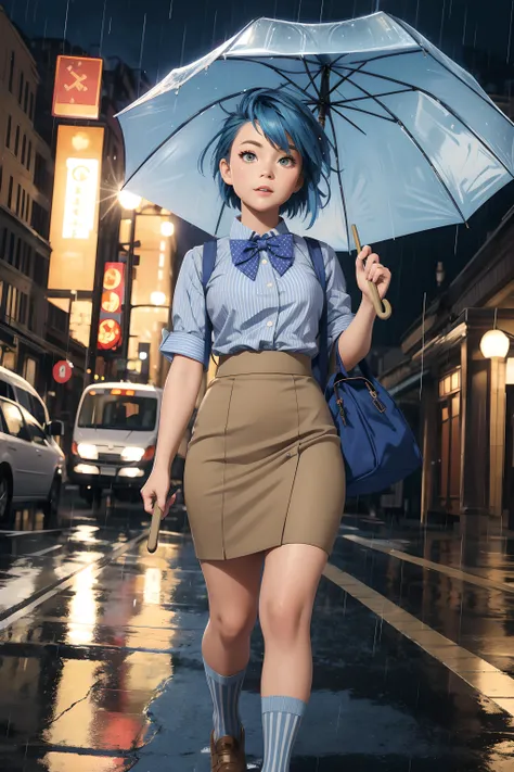 (masterpiece, best quality), 1girl, Blue-gray Textured Spiky Hair with Low Fade, small breasts, Khaki Bowtie neck blouse with a polka-dot print. and Fitted pencil skirt with a striped pattern, tube socks, Walking with an umbrella in the rain, looking determined and resilient.