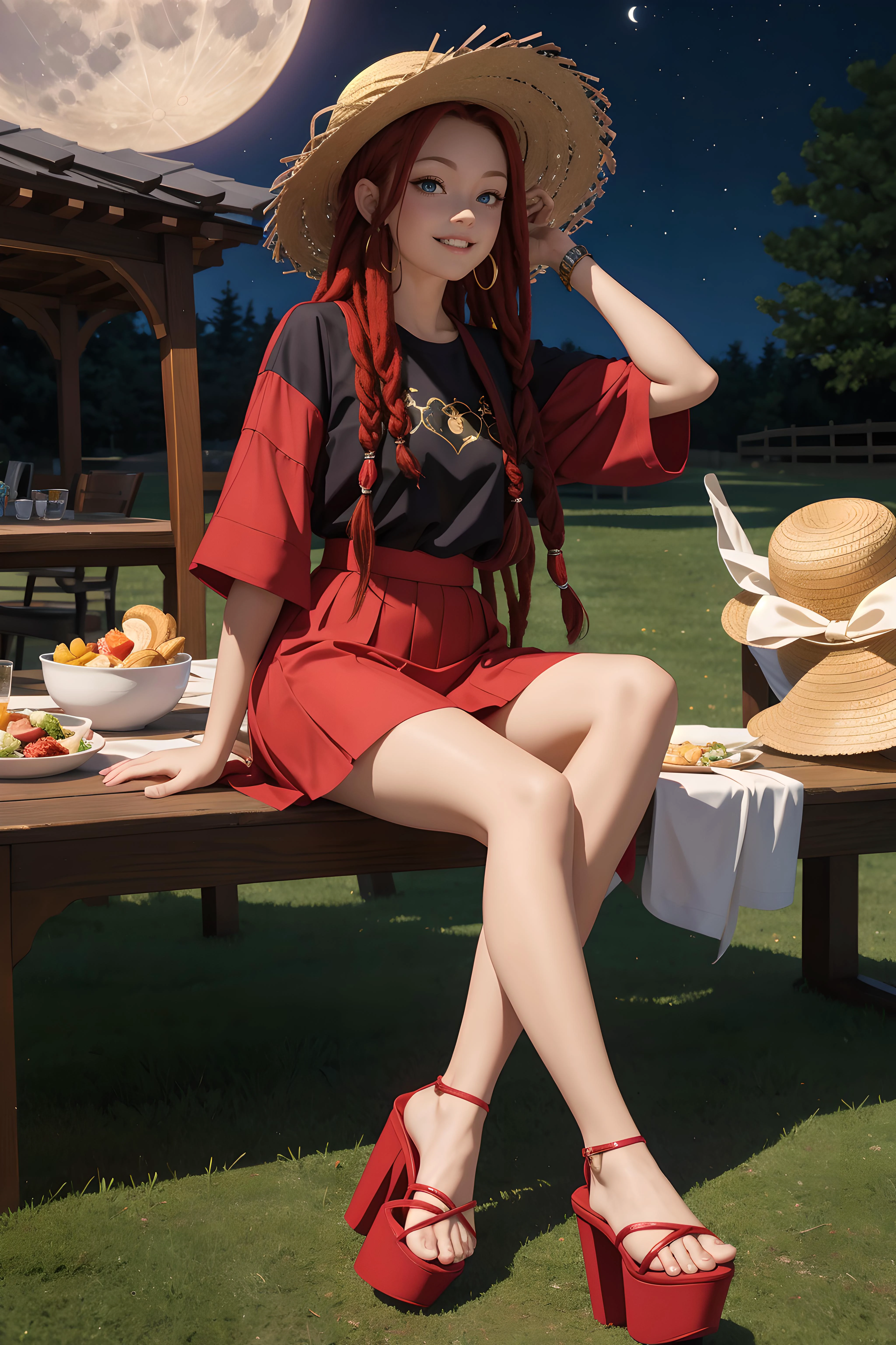(masterpiece, best quality), female 20 years old, well-proportioned, russian, amber eyes, split ears, wide jaw, broad forehead, hourglass figure, laugh lines, red dreadlocks hair, fear wearing midi skirt, babydoll, platform sandals, straw hat,, sitting pose with legs spread, sitting with legs slightly spread, showcasing confidence and allure, moonlight, soft, cool light from the moon, evoking a mysterious and ethereal atmosphere, a community gathering, with people of all ages enjoying games, music, and food