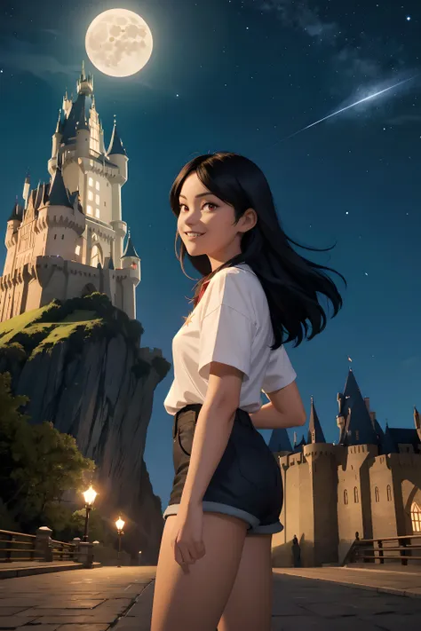 (masterpiece)Highly detailed, High Quality, Masterpiece, beautiful, 1girl, solo, black hair, long hair, red eyes, shirt, white shirt, shorts, short shorts, black shorts, cloud, moon, Hogwarts, (castle hill:1.4), night sky, stand on street, shooting star, (strong pose:1.4), looking at viewer, seductive smile, from side,