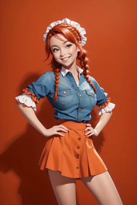 (masterpiece, best quality), 1girl, Orange-red Messy Side Braid, big breasts, Crimson Smocked ruffle-sleeve top and Denim skater skirt with a button-down front, leg warmers, Standing with arms crossed and a confident smile.