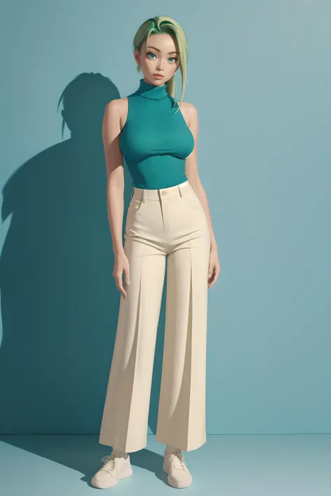(masterpiece, best quality), 1girl, Jade green Tousled Hair with Undercut, big breasts, Ice blue Sleeveless turtleneck with a ribbed texture. and Wide-leg linen pants with a neutral color, ankle socks,