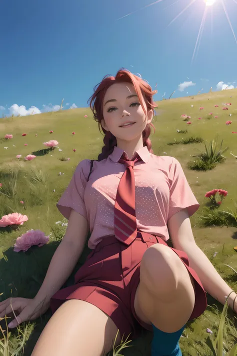 (masterpiece, best quality),1girl, Dark red Dutch Side Braid with Bobby Pins, medium breasts, Carnation Tie-front wrap blouse with a polka-dot print. and dolphin shorts, loose socks, Lying on a grassy hill, arms spread out, looking like a starfish and enjoying the sun.