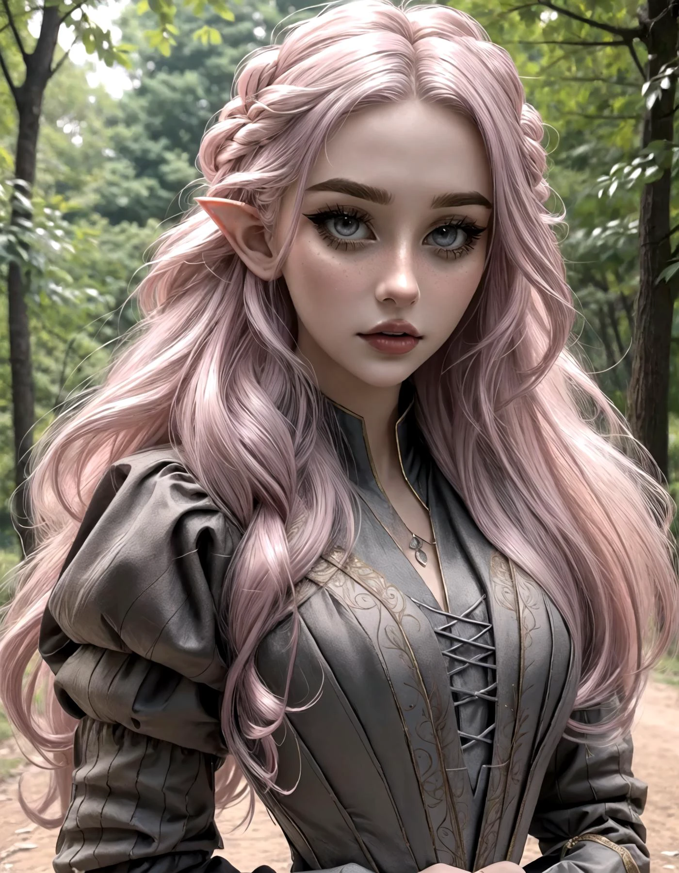 woman, high elf, [light dusty pink hair], long hair, grey eyes, sharp pointed elegant facial features, short small elf ears, wearing a ballgown, medieval dress, long sleeves, elegant, lady, mage, royalty, modest dress, jewelry,
fantasy medieval setting, high fantasy, 
(masterpiece:1.2) (best quality:1.2) (detailed) (intricate) (8k) (HDR) (cinematic lighting) (sharp focus) (full body). 
 <lora:NonHentaiElf_v10:0.6>   <lora:eGirlMakeup-10:0.8> EGirlMakeup,   <lora:sharp_eyes:0.6> sharp_eyes,    <lora:MedievalFashion:0.6> medfa,