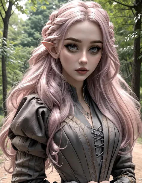 woman, high elf, [light dusty pink hair], long hair, grey eyes, sharp pointed elegant facial features, short small elf ears, wearing a ballgown, medieval dress, long sleeves, elegant, lady, mage, royalty, modest dress, jewelry,
fantasy medieval setting, high fantasy, 
(masterpiece:1.2) (best quality:1.2) (detailed) (intricate) (8k) (HDR) (cinematic lighting) (sharp focus) (full body). 
 <lora:NonHentaiElf_v10:0.6>   <lora:eGirlMakeup-10:0.8> EGirlMakeup,   <lora:sharp_eyes:0.6> sharp_eyes,    <lora:MedievalFashion:0.6> medfa,