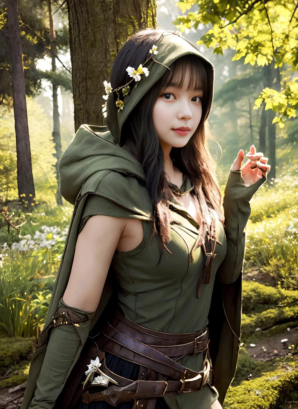 <lora:nonHentaiElf_v10:0.8><lora:koreanDollLikeness_v15:0.7>1girl,ranger,hood,gorgeous,ornate, beautiful,looking at viewer,forest,perfect lighting,flower (masterpiece, high quality:1.2)
