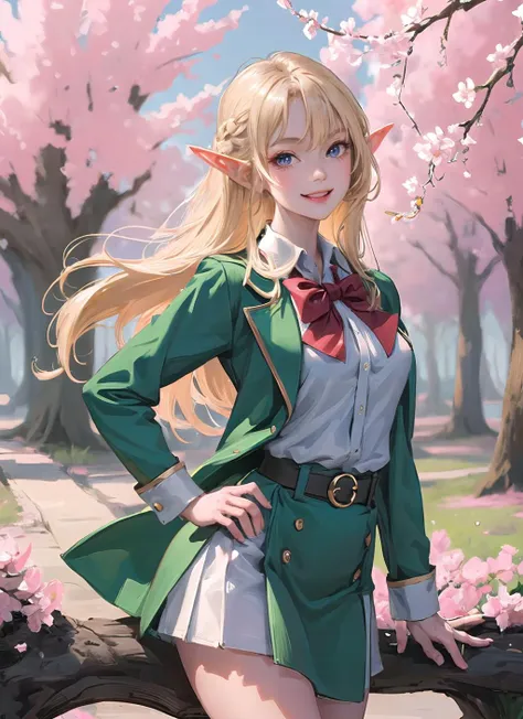 1girl,elf,school school uniform,gorgeous,ornate,grin,hand on hip, beautiful,looking at viewer,forest,perfect lighting,flower (masterpiece, high quality:1.2),  <lora:NonHentaiElf_v10:0.9>