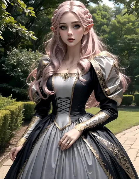 woman, high elf, [light dusty pink hair], long hair, grey eyes, sharp pointed elegant facial features, short small elf ears, wearing a ballgown, medieval dress, long sleeves, elegant, lady, mage, royalty, modest dress, jewelry,
fantasy medieval setting, high fantasy, 
(masterpiece:1.2) (best quality:1.2) (detailed) (intricate) (8k) (HDR) (cinematic lighting) (sharp focus) (full body). 
 <lora:NonHentaiElf_v10:0.6>   <lora:eGirlMakeup-10:0.8> EGirlMakeup,   <lora:sharp_eyes:0.6> sharp_eyes,    <lora:MedievalFashion:0.6> medfa,