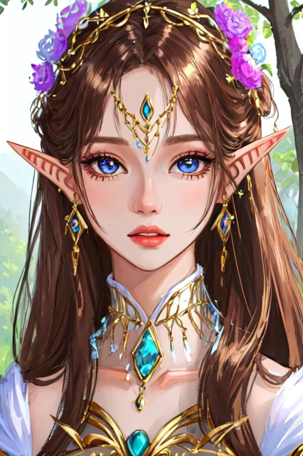 <lora:nonHentaiElf_v10:0.8>, portrait of girl, elf, pointy ears, priestess,fantasy,glistening skin, crystal, jewelry,necklace,flower,eyelashes,collarbone, detailed eyes,shiny lips,looking at viewer,forest, masterpiece, high quality