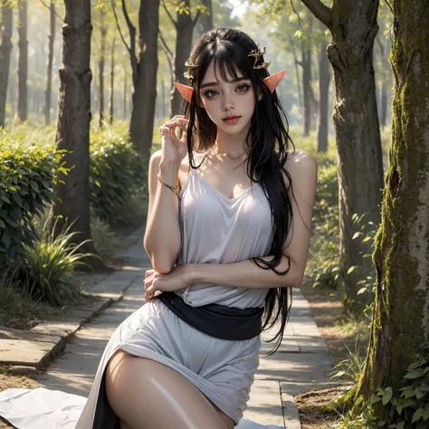 1girl, (priestess:1.4), young elf,umi_yakake,camisole dress, solo, background outdoors forest elven city, official art, unity 8k wallpaper, ultra detailed, beautiful and aesthetic, masterpiece,best quality, glowing skin, the most beautiful form of chaos, elegant, a brutalist designed, vivid colours, romanticism, <lyco:NonHentaiElf_v10:1.0> <lyco:PS_Umi_Yakake:1.0>
