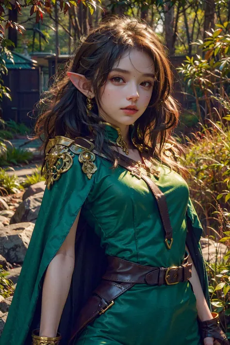 (masterpiece), best quality, ultra high res, slim body, 1girl,long hair, looking at viewer, (elf ranger, green cloth armor with golden details and dark brown leather straps,gorgeous,ornate,cape), dynamic pose, ( background forest, outdoors), photon mapping, radiosity, physically-based rendering, cinematic lighting, intricate, High Detail, Sharp focus, dramatic, photorealistic