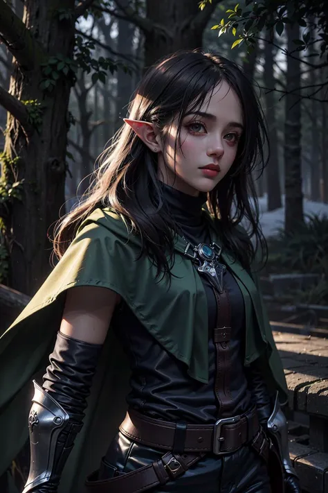 (masterpiece), best quality, ultra high res, slim body, 1girl,long hair, looking at viewer, (elf ranger, green cloth armor with golden details and dark brown leather straps,gorgeous,ornate,cape), dynamic pose, (mountain forest), (wilderness), photon mapping, radiosity, physically-based rendering, cinematic lighting, intricate, High Detail, Sharp focus, dramatic, photorealistic