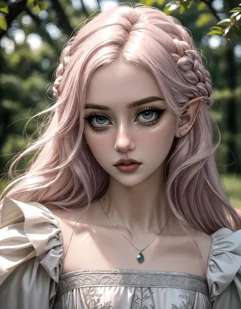 woman, high elf, [light dusty pink hair], long hair, grey eyes, sharp pointed elegant facial features, short small elf ears, wearing a ballgown, medieval dress, long sleeves, elegant, lady, mage, royalty, modest dress, hair jewelry, 
fantasy medieval setting, high fantasy, 
(masterpiece:1.2) (best quality:1.2) (detailed) (intricate) (8k) (HDR) (cinematic lighting) (sharp focus) (full body). 
 <lora:NonHentaiElf_v10:0.6>   <lora:eGirlMakeup-10:0.8> EGirlMakeup,   <lora:sharp_eyes:0.6> sharp_eyes,    <lora:MedievalFashion:0.6>medfa,