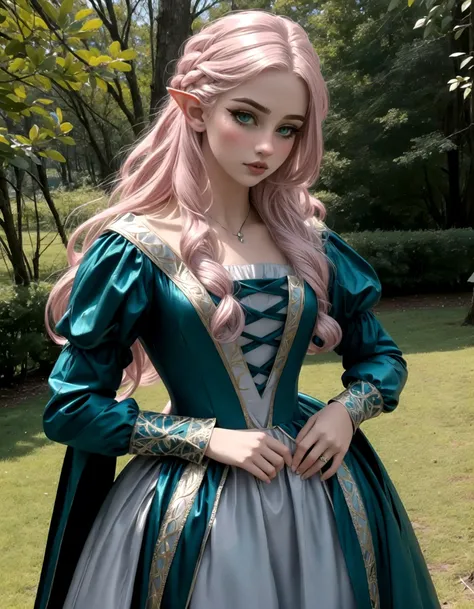 woman, high elf, [light dusty pink hair], long hair, grey eyes, sharp pointed elegant facial features, short small elf ears, wearing a sage green ballgown, medieval dress, long sleeves, elegant, lady, mage, royalty, modest dress, hair jewelry, 
fantasy medieval setting, high fantasy, 
(masterpiece:1.2) (best quality:1.2) (detailed) (intricate) (8k) (HDR) (cinematic lighting) (sharp focus) (full body). 
 <lora:NonHentaiElf_v10:0.6>   <lora:eGirlMakeup-10:0.8> EGirlMakeup,   <lora:sharp_eyes:0.6> sharp_eyes,    <lora:MedievalFashion:0.6>medfa,