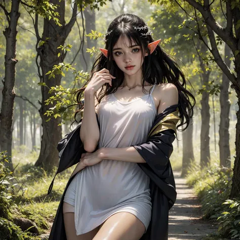 1girl, (priestess:1.4), young elf,umi_yakake,camisole dress, solo, background outdoors forest elven city, official art, unity 8k wallpaper, ultra detailed, beautiful and aesthetic, masterpiece,best quality, glowing skin, the most beautiful form of chaos, elegant, a brutalist designed, vivid colours, romanticism, <lyco:NonHentaiElf_v10:1.0> <lyco:PS_Umi_Yakake:1.0>