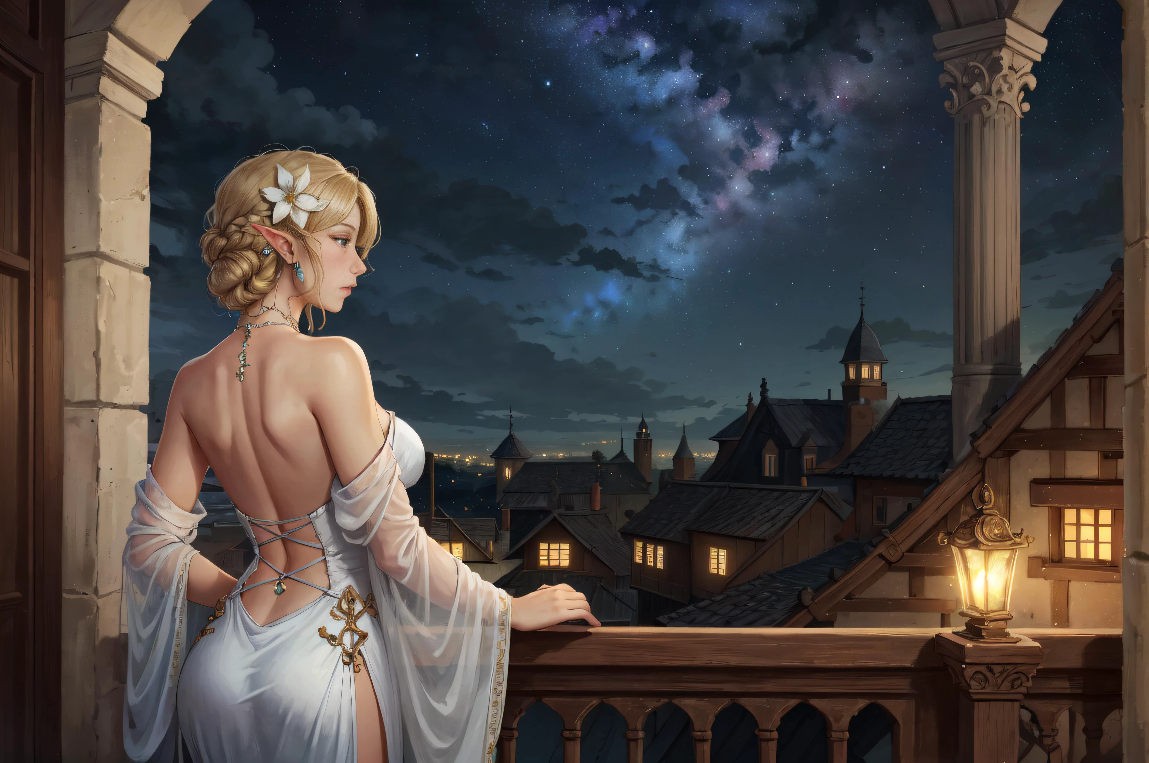 1girl priestess, medieval princess, pondering over high castle balcony, (looking outside, looking afar:1.2),(from behind:1.1), head back, shoulder blades, bare back, bare shoulders, dirty blonde hair, large medieval town, hands on balcony, silk clothes, midnight, starry sky, moonlight, elf, (pointy ears:0.8), crystal jewelry,hair flower , beautiful, masterpiece, high quality, realistic <lyco:nonHentaiElfRangerDruid_v10:0.7>