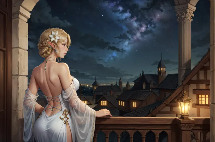 1girl priestess, medieval princess, pondering over high castle balcony, (looking outside, looking afar:1.2),(from behind:1.1), head back,  shoulder blades, bare back, bare shoulders, dirty blonde hair, large medieval town, hands on balcony, silk clothes, midnight, starry sky, moonlight, elf, (pointy ears:0.8), crystal jewelry,hair flower , beautiful, masterpiece, high quality, realistic   <lyco:nonHentaiElfRangerDruid_v10:0.7>