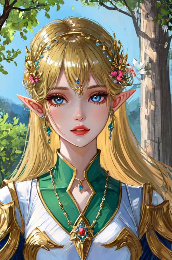 <lora:nonHentaiElf_v10:0.8>, portrait of girl, elf, pointy ears, priestess,fantasy,glistening skin, crystal, jewelry,necklace,flower,eyelashes,collarbone, detailed eyes,shiny lips,looking at viewer,forest, masterpiece, high quality
